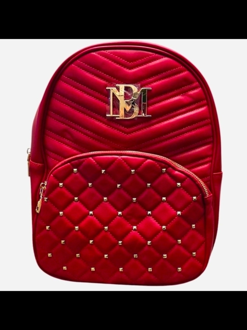 Badgley Mischka Red Vegan Leather Quilted Studded Backpack with Gold Logo